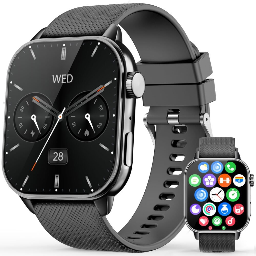 Smart Watch for Men Women, 1.85'' AMOLED HD Fitness Watch with 120+ Sports Modes, Bluetooth Call/Heart Rate/Sleep Monitor/Pedometer, Smartwatch for Android iOS, IP68 Waterproof, Black
